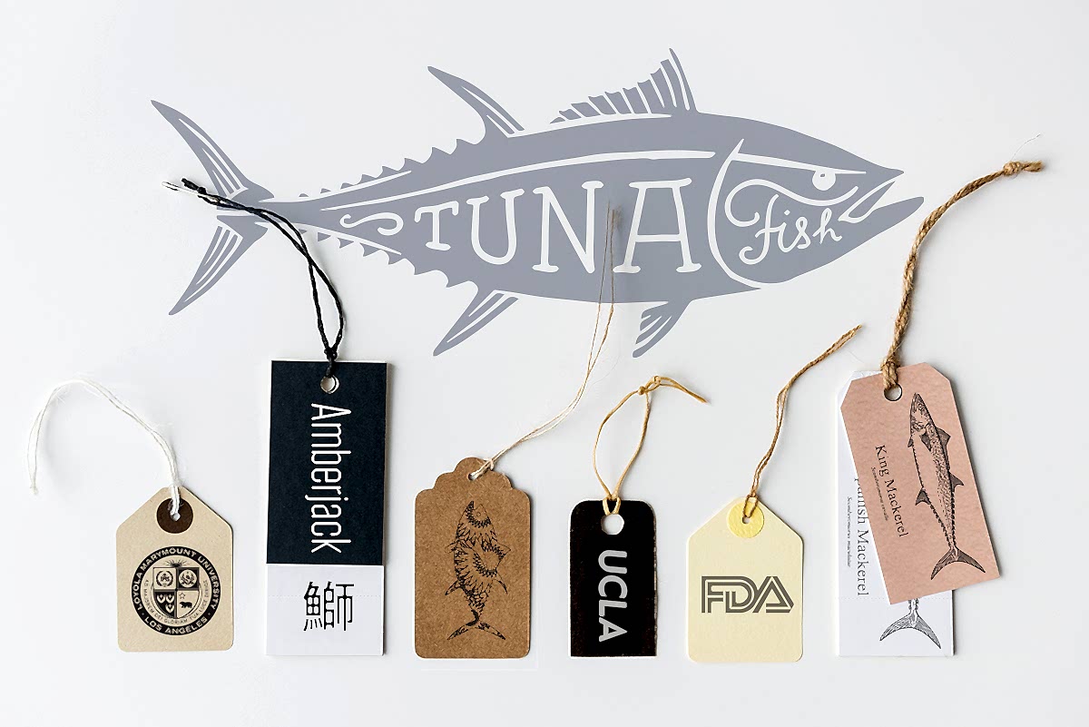 Illustration of tuna with various hangtag paper labels