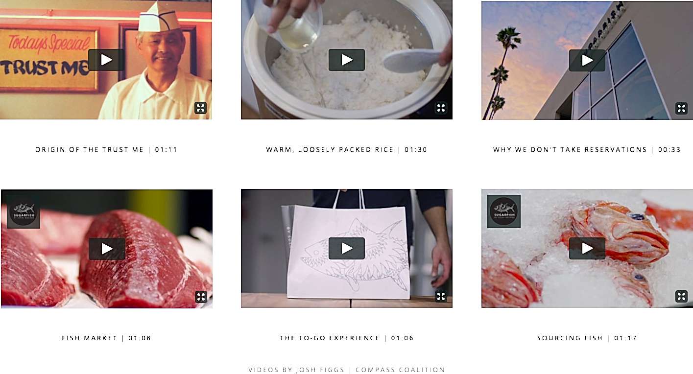 Six thumbnail images from SUGARFISH videos
