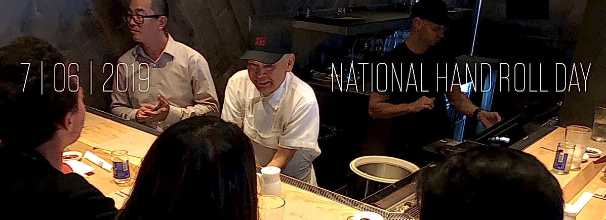 Chef Nozawa serving hand roll at KazuNori Santa Monica counter in celebration of 2019 National Hand Roll Day
