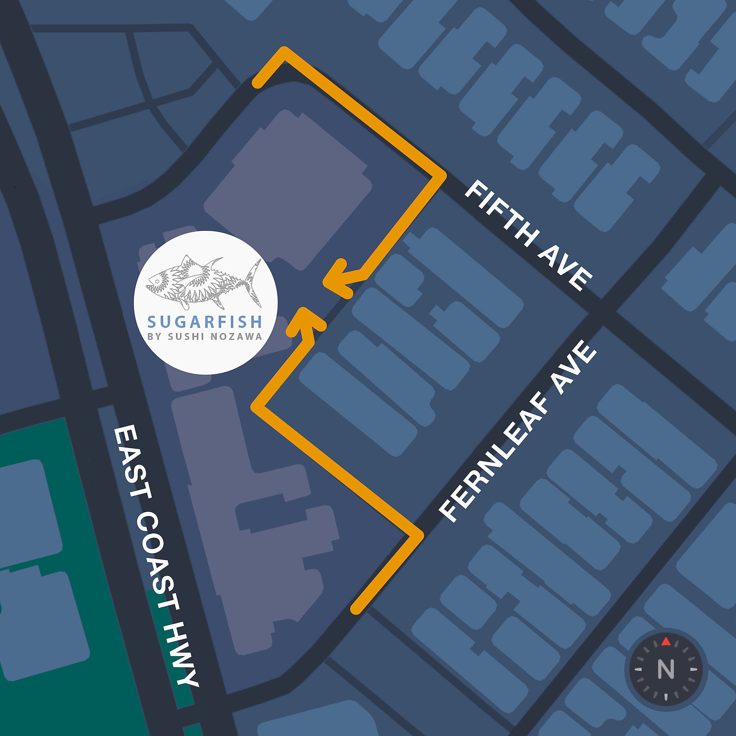 Map graphics showing direction to SUGARFISH underground parking lot